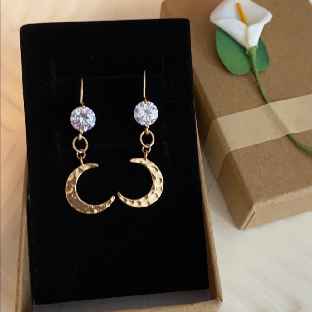 Vega, Gold Plated Drop Moon Earrings